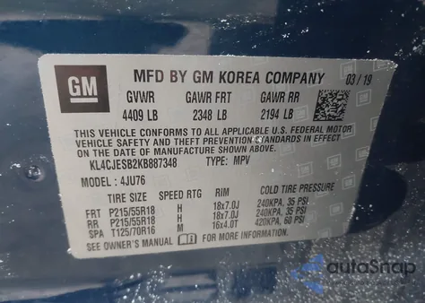 2019 Buick Encore Awd Preferred из США, поврежденный, VIN KL4CJESB2KB887348